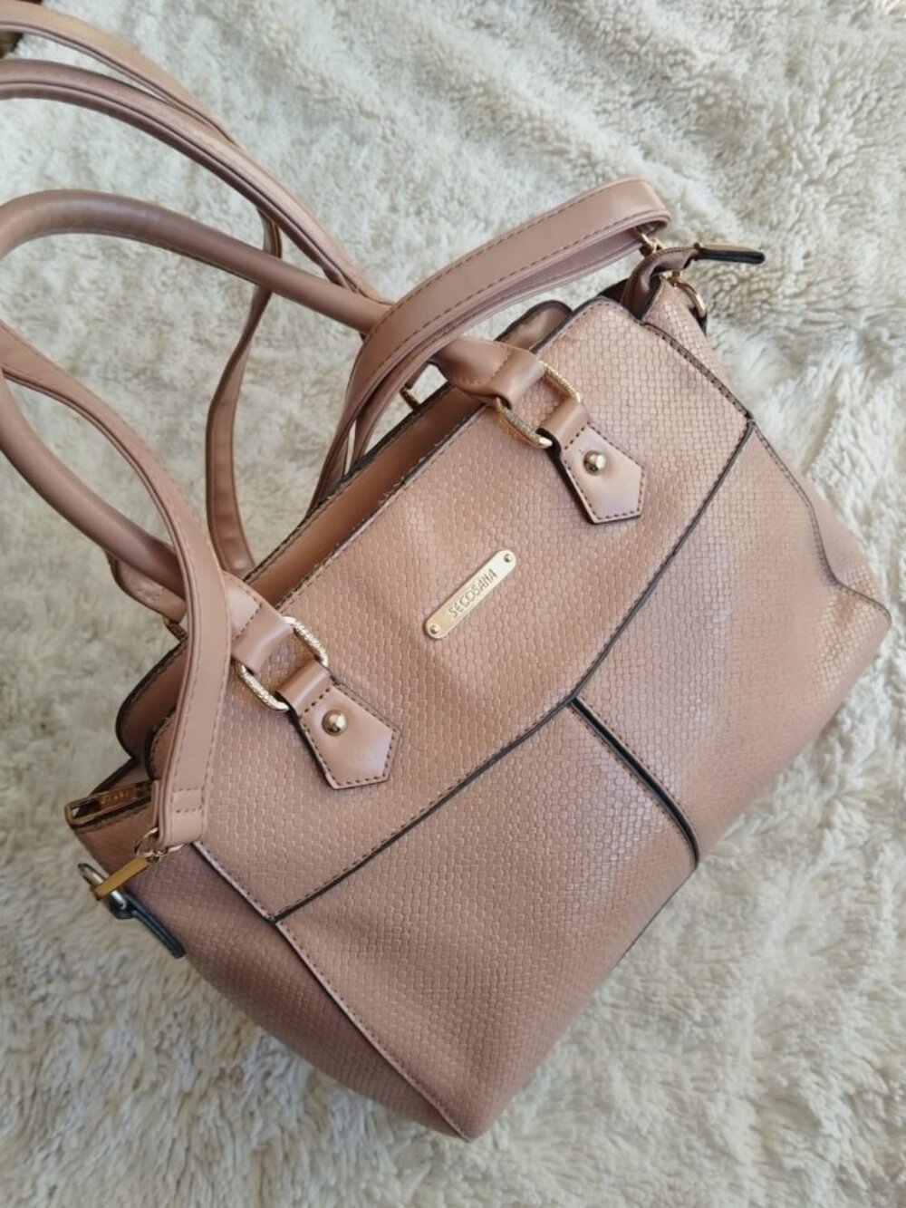 SECOSANA Nude Beige Textured Faux Leather Satchel Crossbody Shoulder Bag